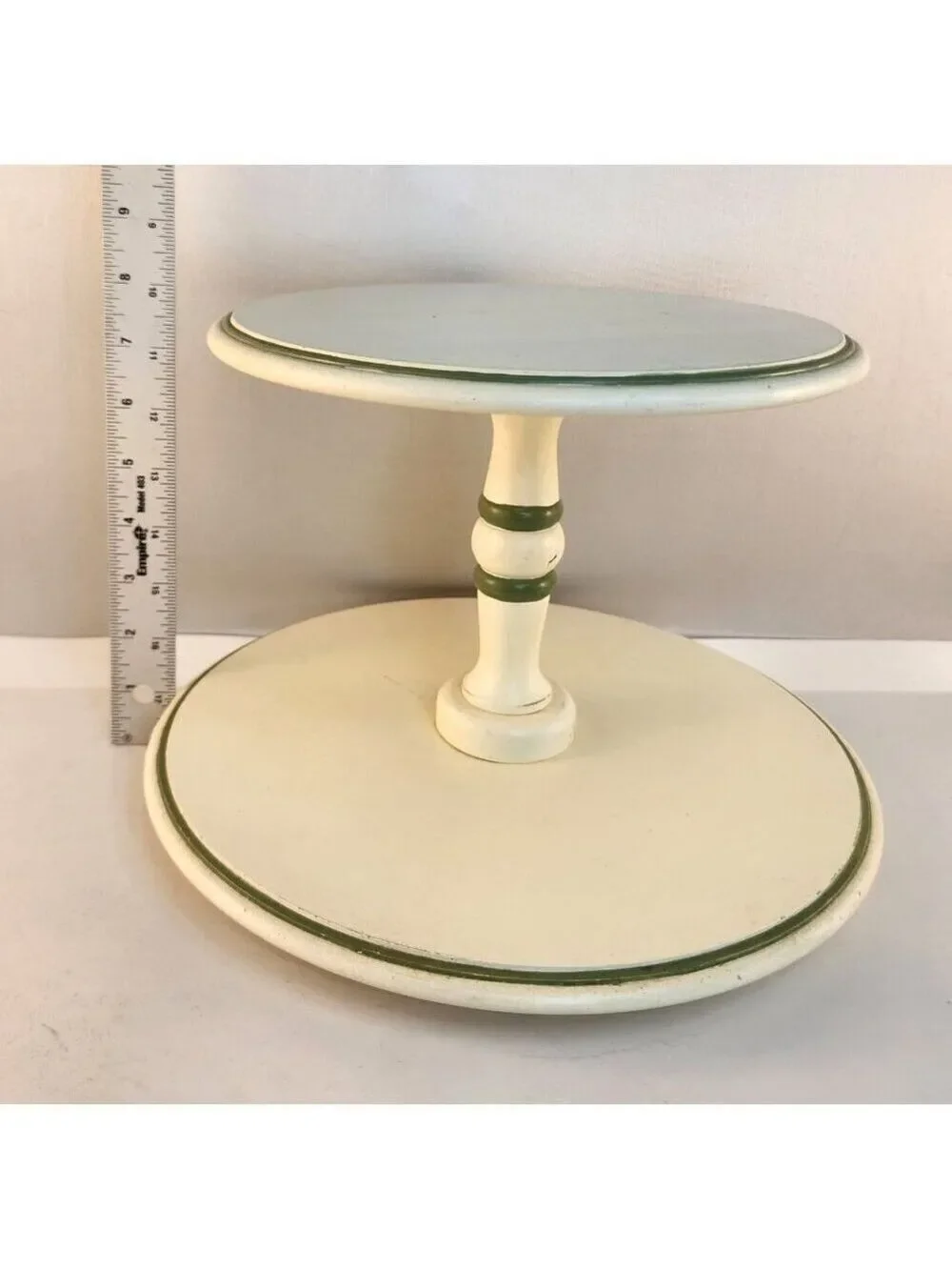 Rustic Two Tier Wooden Stand, Distressed Cream Green Tray, Farmhouse Tiered Disp